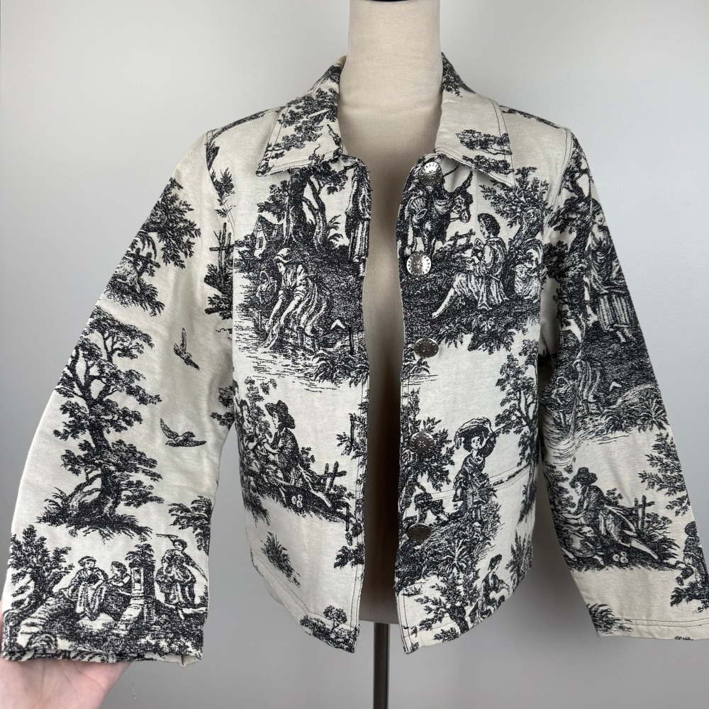 VTG 90's New Identity Womens Toile de Jouy Tapestry Jacket Black White Buttons L